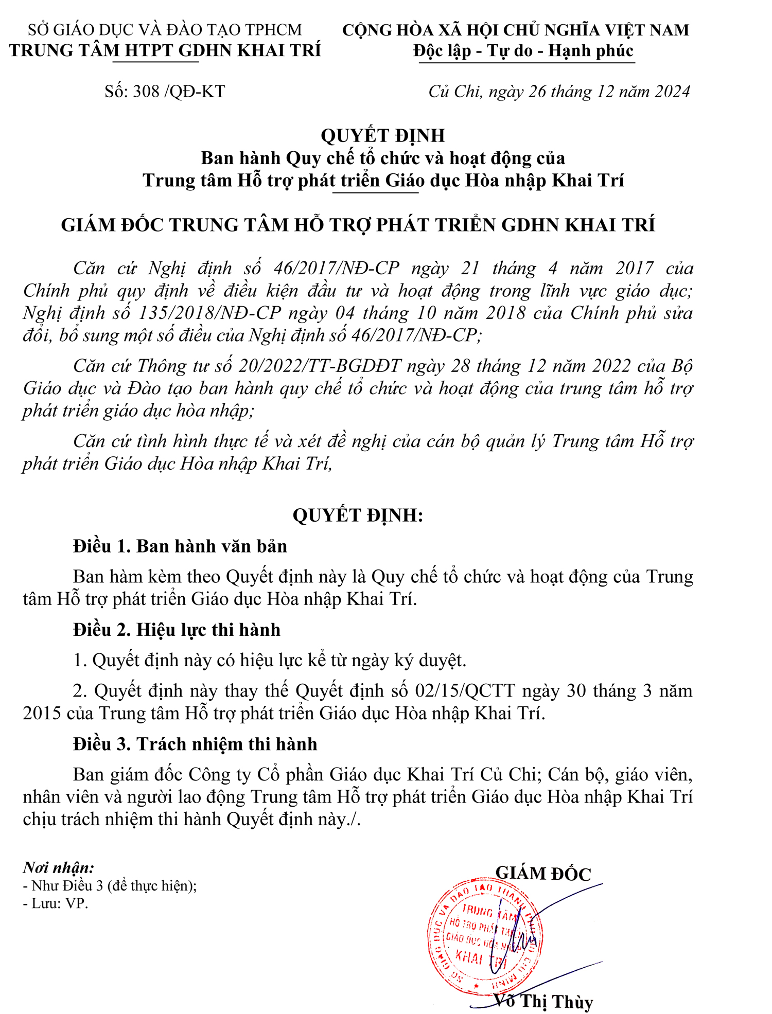 QC to chuc hoat dong Trung tam Khai Tri